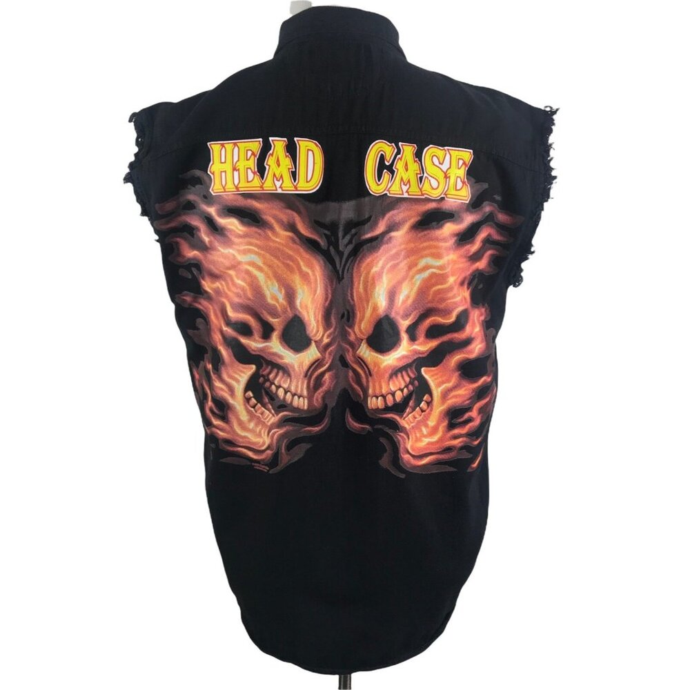 Biker Wear Mens Tank Top‎ Size Large Head Case Skull Black Muscle Flames